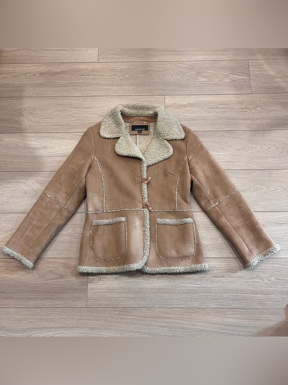 Jones New York Tan Faux Shearling Sherpa Toggle Coat Jacket Small Western Boho